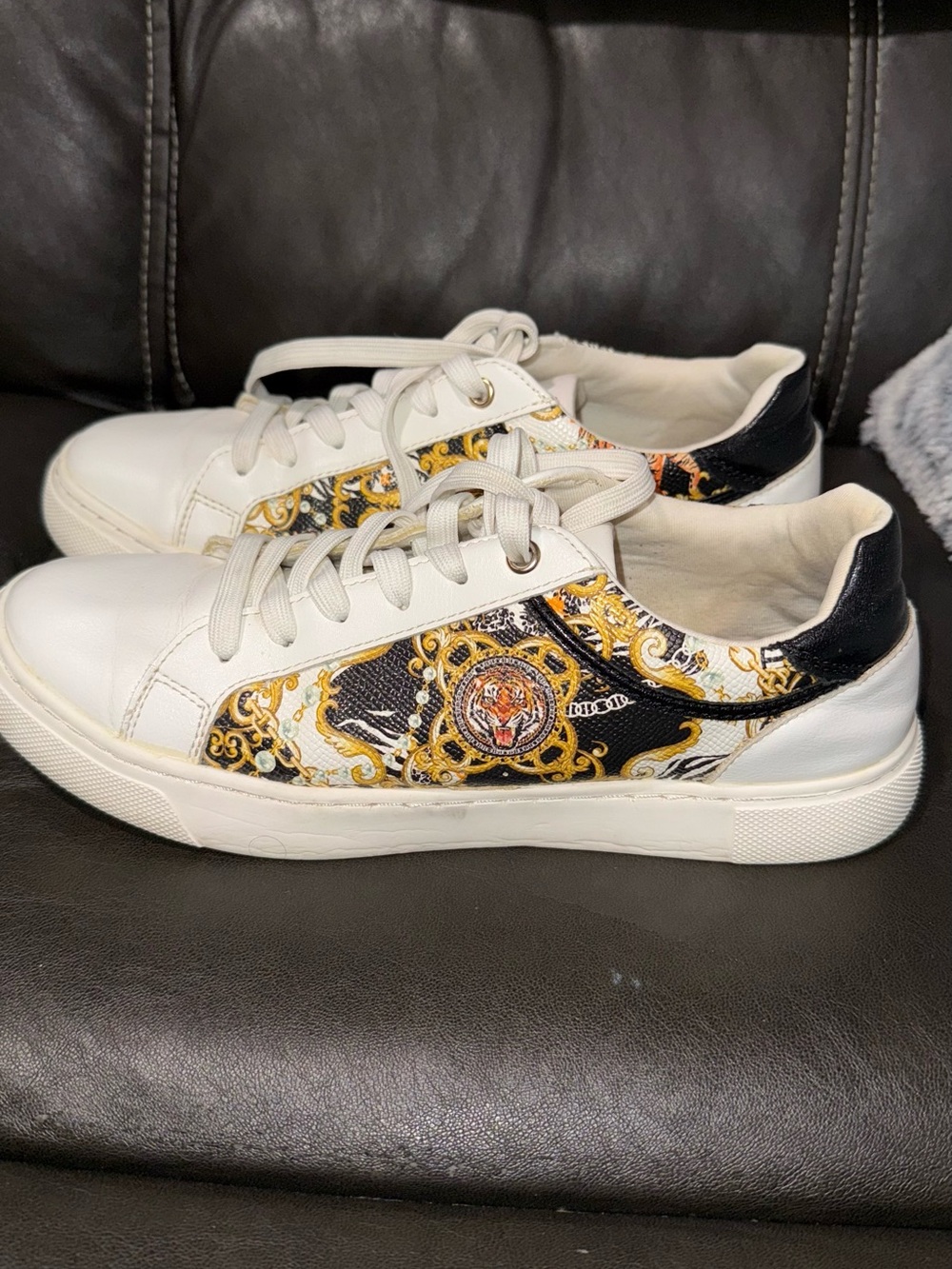 Aldo White Leather Sneakers with Black & Gold Baroque Detail